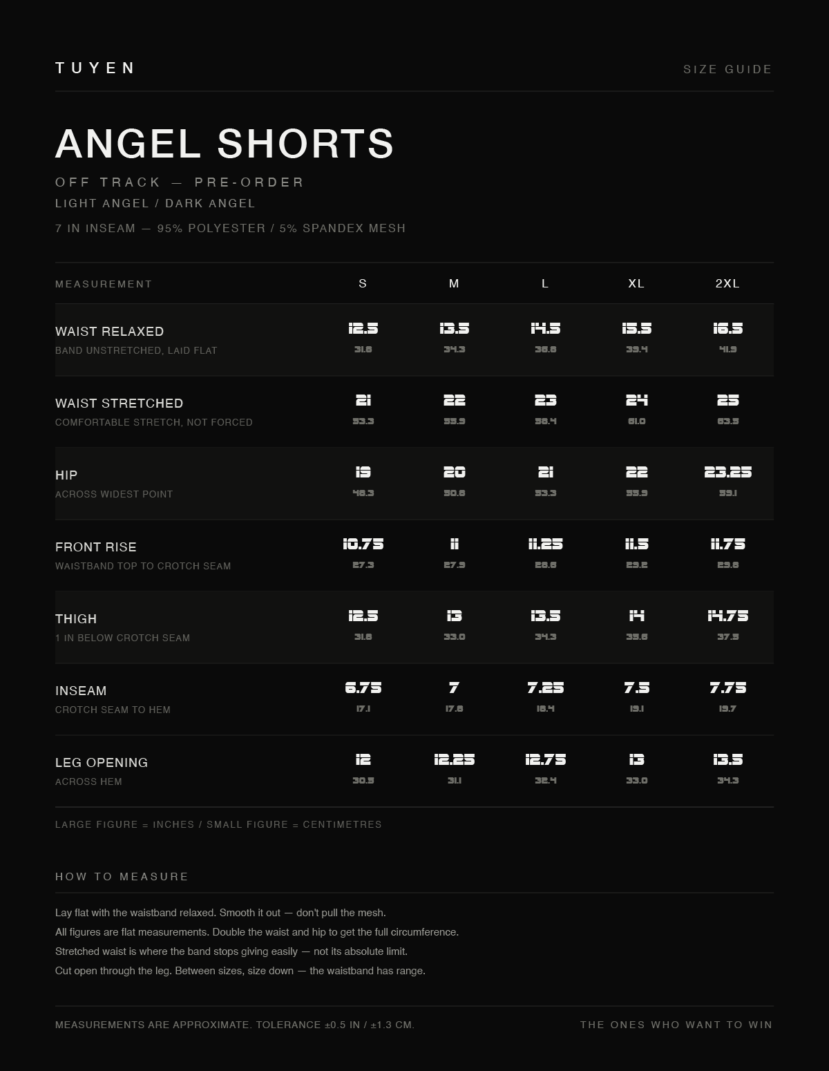 TUYEN size guide — Angel Shorts, flat measurements in inches and centimetres, sizes S to 2XL
