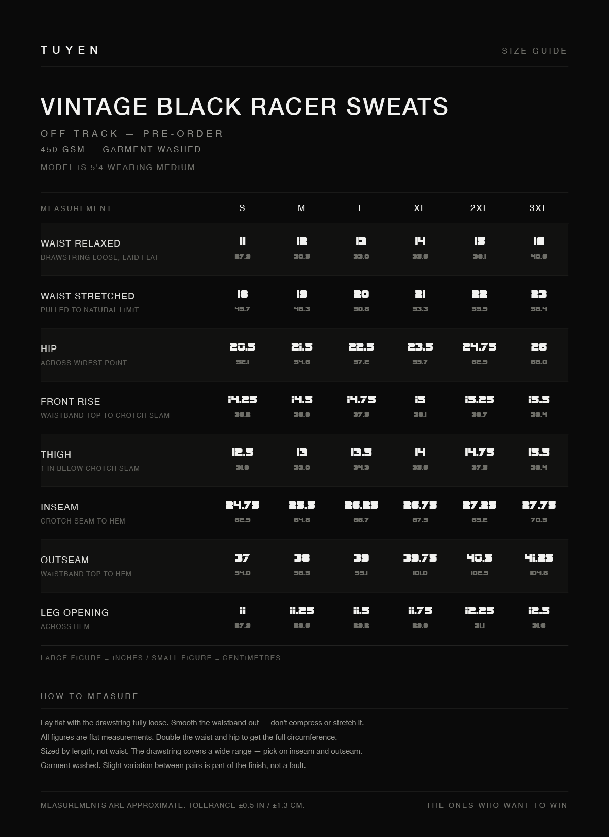 TUYEN size guide — Vintage Black Racer Sweats, flat measurements in inches and centimetres, sizes S to 3XL