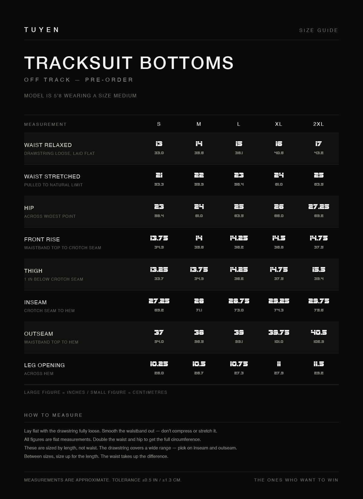 TUYEN size guide — Tracksuit Bottoms, flat measurements in inches and centimetres, sizes S to 2XL