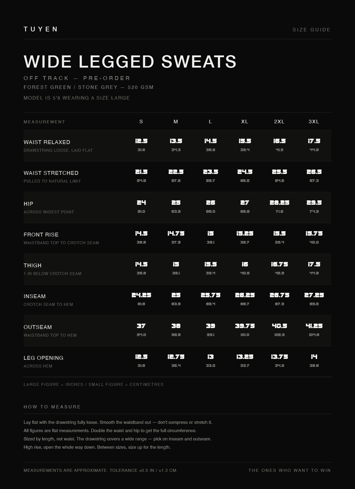 TUYEN size guide — Wide Legged Sweats, flat measurements in inches and centimetres, sizes S to 3XL